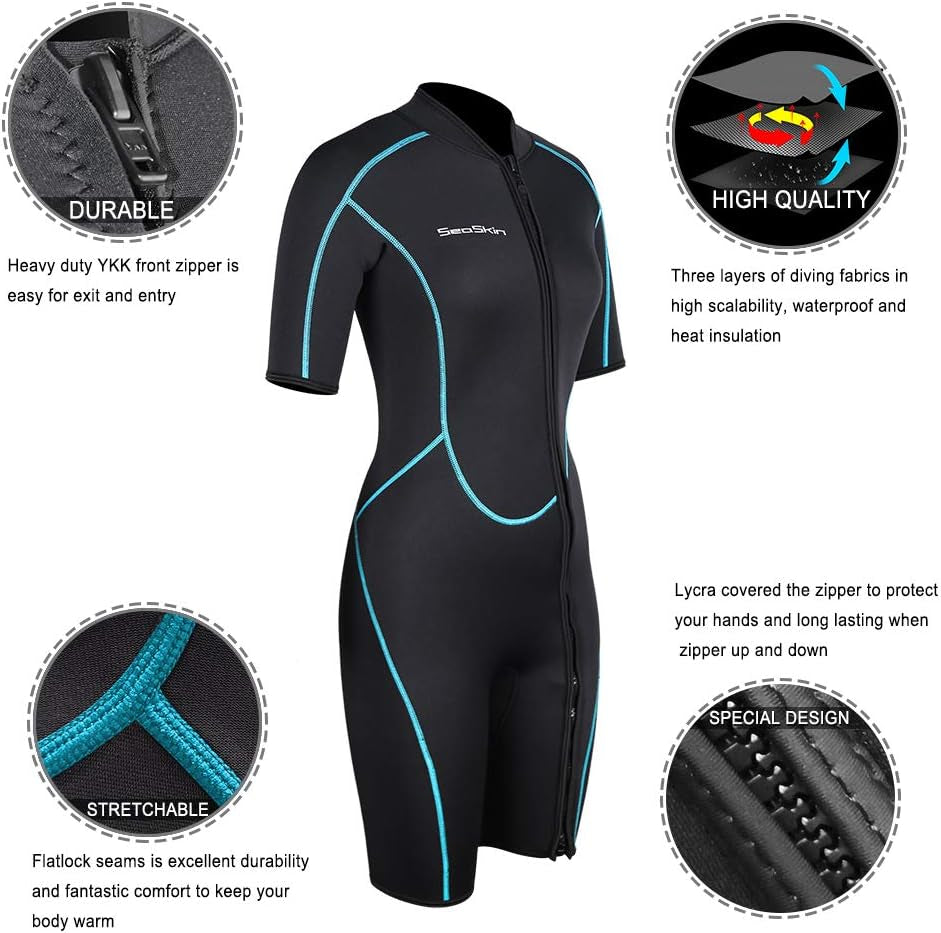 Mens 3Mm Shorty Wetsuit Womens, Full Body Diving Suit Front Zip Wetsuit for Diving Snorkeling Surfing Swimming