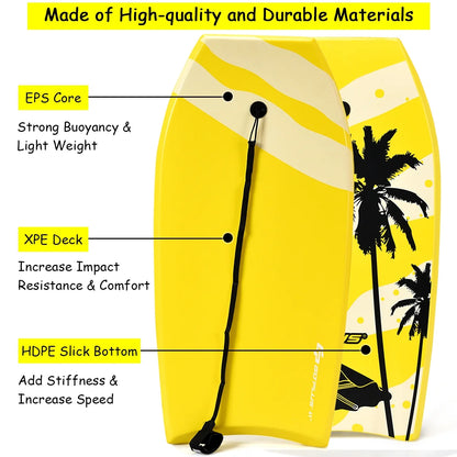 Goplus 41'' Lightweight Super Bodyboard Surfing W/Leash IXPE Deck EPS Core Boarding Yellow