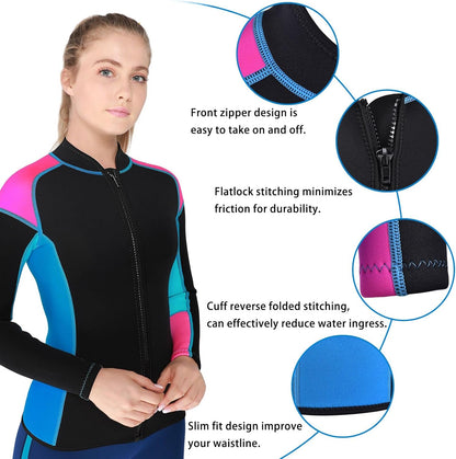 Wetsuits Top Jacket Women Men 2Mm Neoprene Long Sleeve Shirt 3Mm Front Zipper Vest Wet Suit Keep Warm for Adult Youth Kids Diving Surf Swim Water Sports