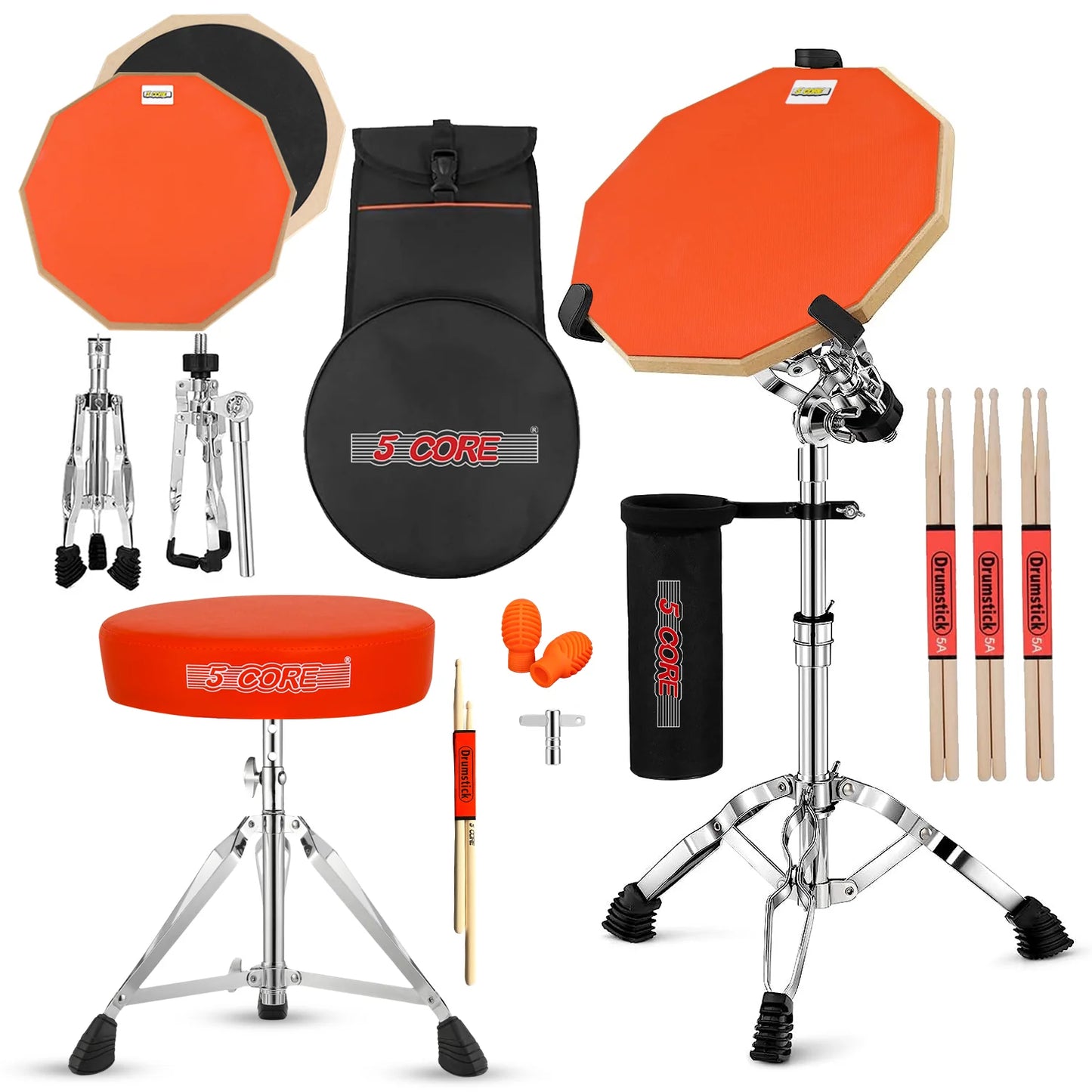 5Core Drum Throne Adjustable Guitar Stool Padded Seat + Drum Practice Pad Snare Drumming Stand