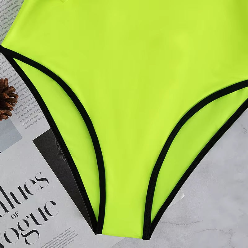 Neon Yellow Long Sleeve Swimsuit Rashguard Women Surfing Swimwear Surfing Diving Swimming Diving Suit Women Bodysuit Rash Guard