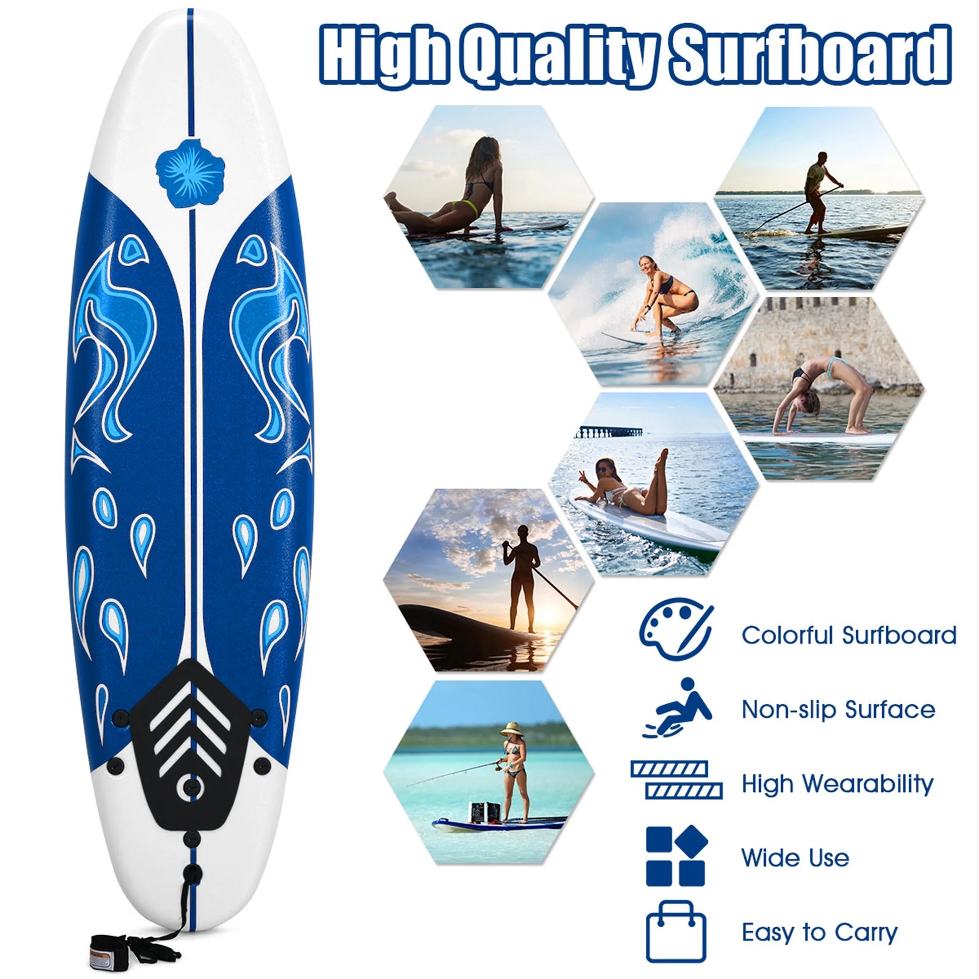 6Ft Surfing Body Board W/ 3 Removable Fins Safety Leash White