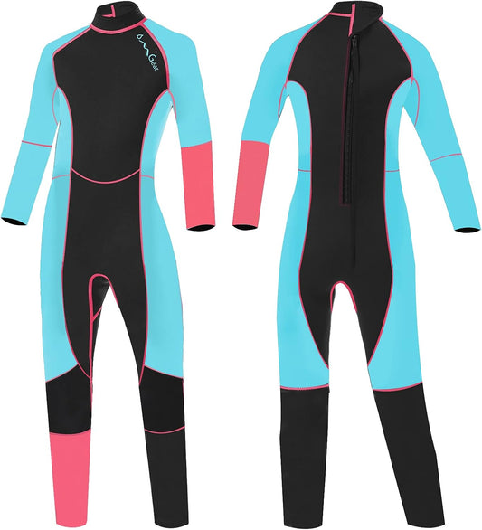 Kid Wetsuit 3Mm Full Suit Neoprene Swimming Suit Long Sleeve Diving Suit Back Zipper Thermal Swimsuit for Youth Boys Girls Scuba Diving Surfing Snorkeling Swimming Water Sports(Pink&Aqua, 4)