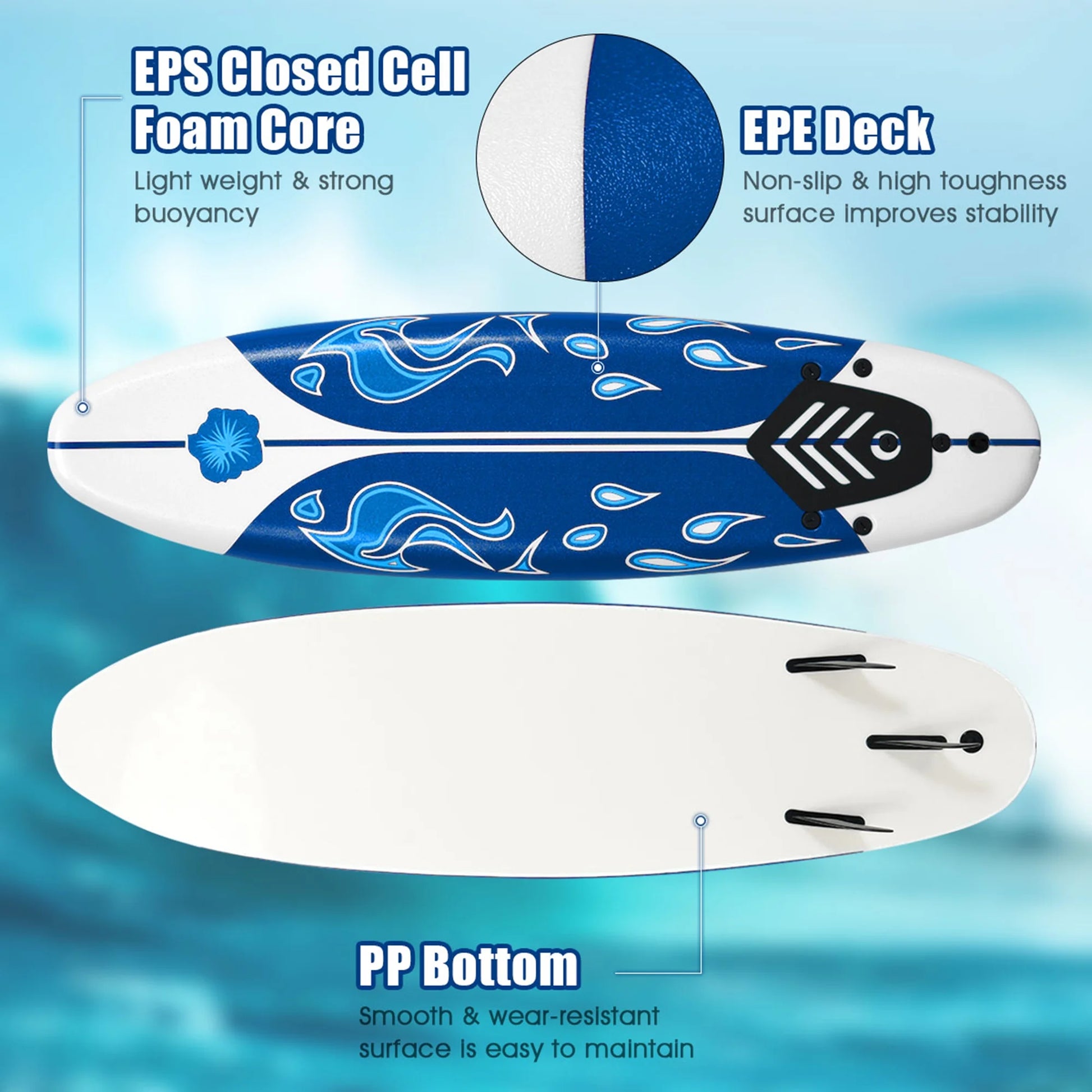 6Ft Surfing Body Board W/ 3 Removable Fins Safety Leash White