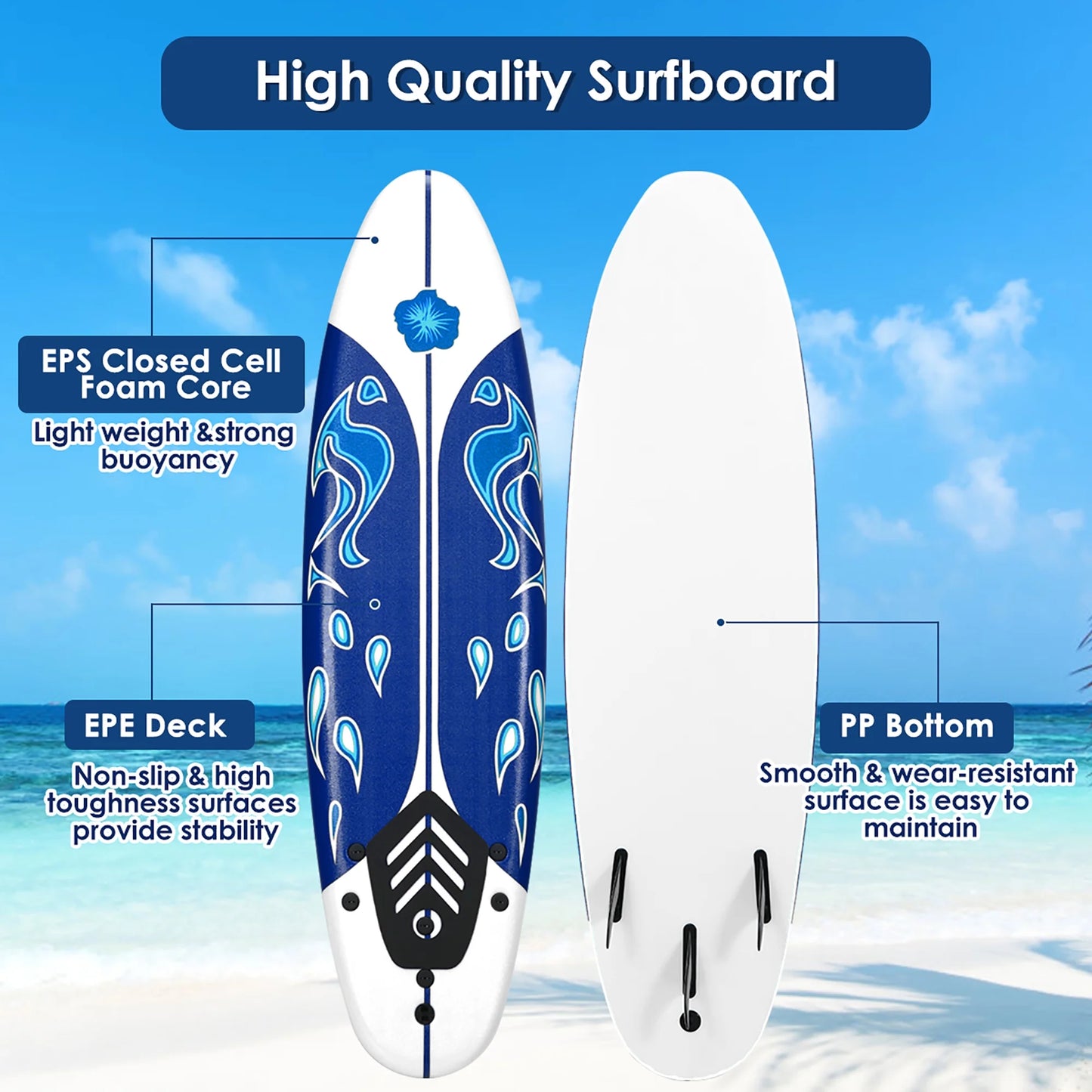 6' Surfboard Foamie Body Surfing Board W/3 Fins & Leash for Kids Adults White