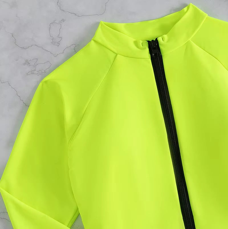 Neon Yellow Long Sleeve Swimsuit Rashguard Women Surfing Swimwear Surfing Diving Swimming Diving Suit Women Bodysuit Rash Guard