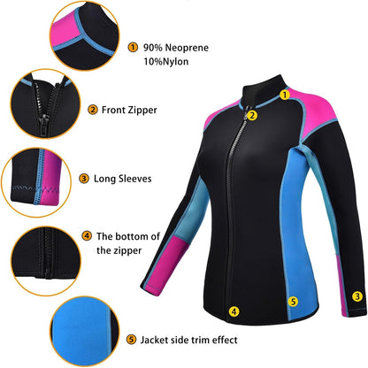 Wetsuits Top Jacket Women Men 2Mm Neoprene Long Sleeve Shirt 3Mm Front Zipper Vest Wet Suit Keep Warm for Adult Youth Kids Diving Surf Swim Water Sports