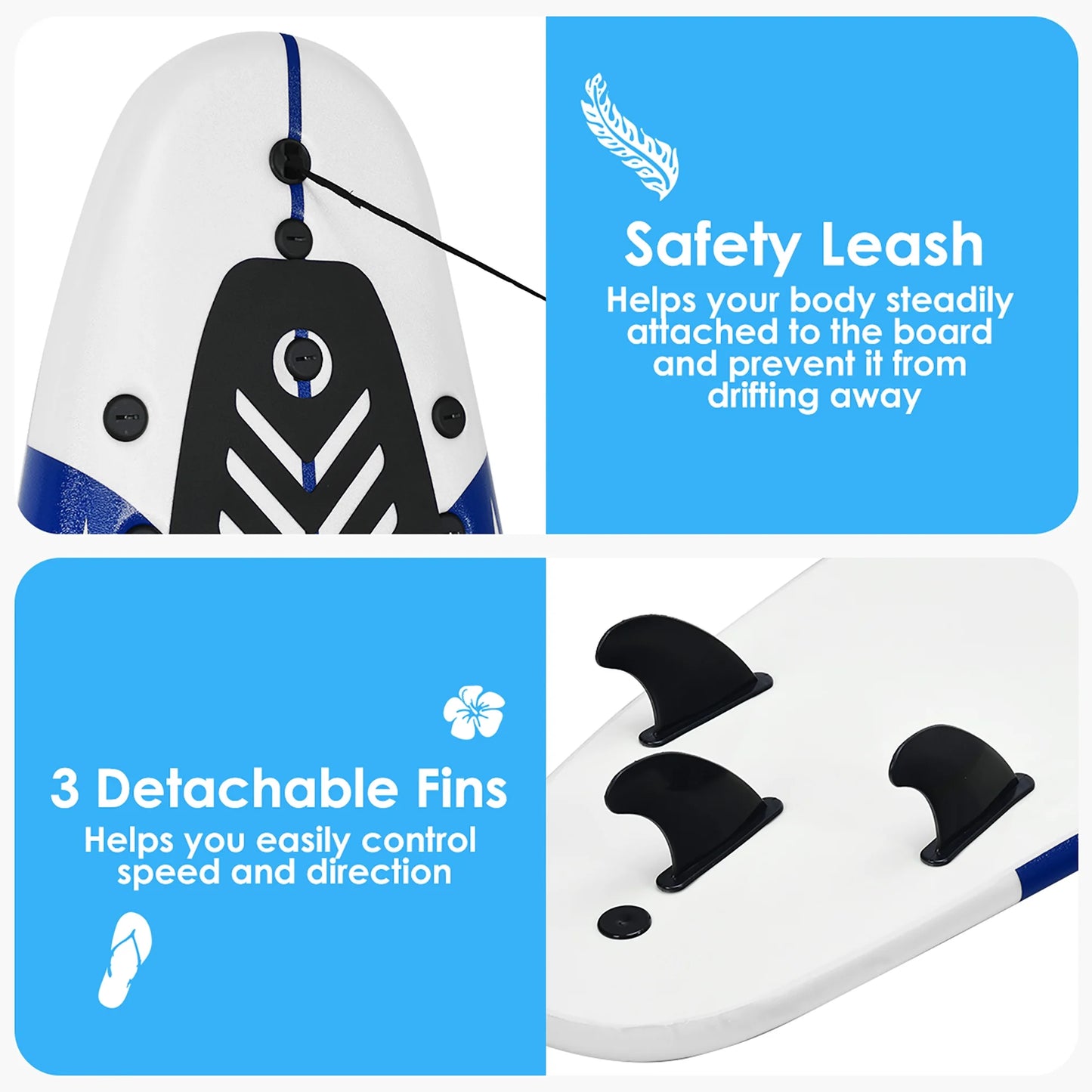 6' Surfboard Foamie Body Surfing Board W/3 Fins & Leash for Kids Adults White