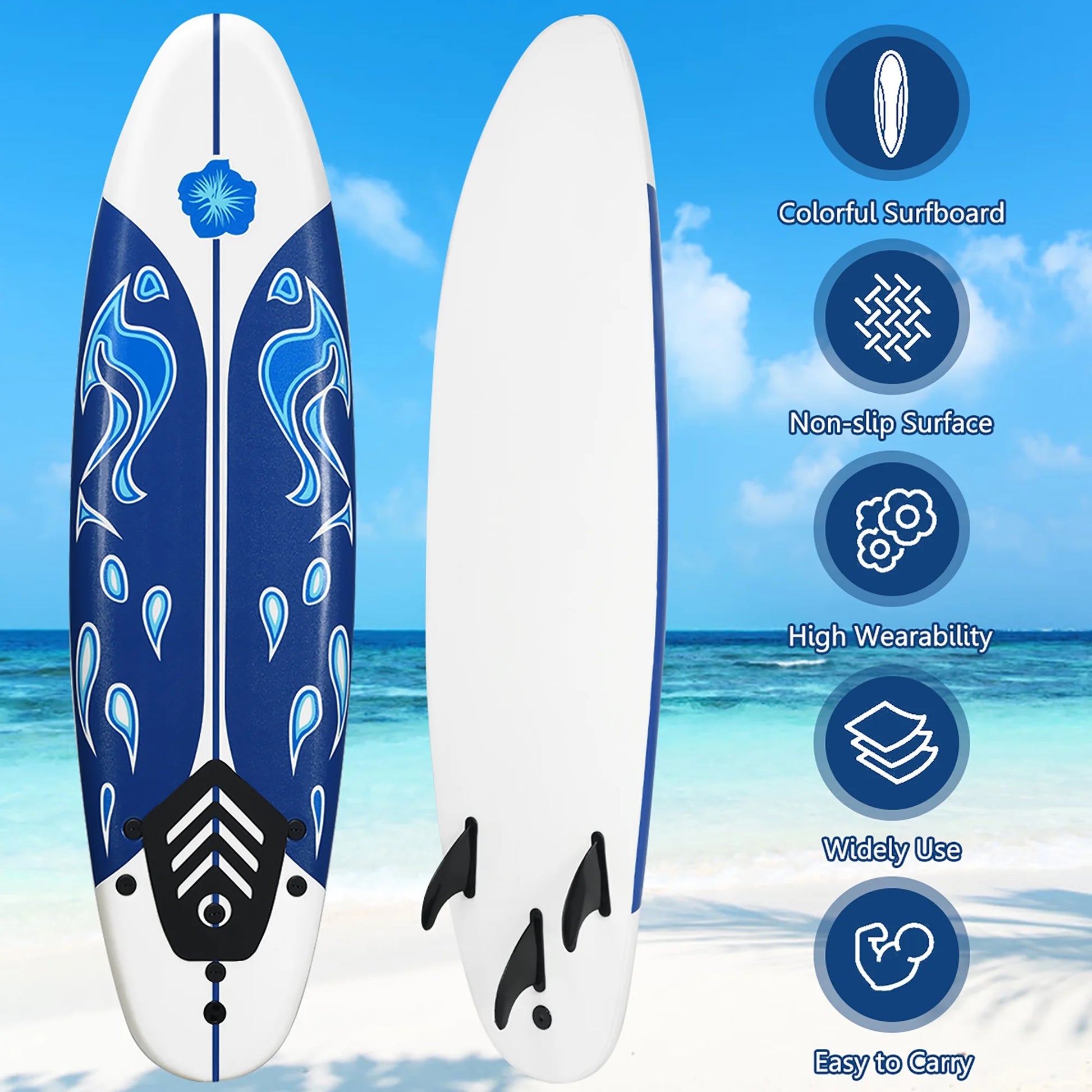 6' Surfboard Foamie Body Surfing Board W/3 Fins & Leash for Kids Adults White