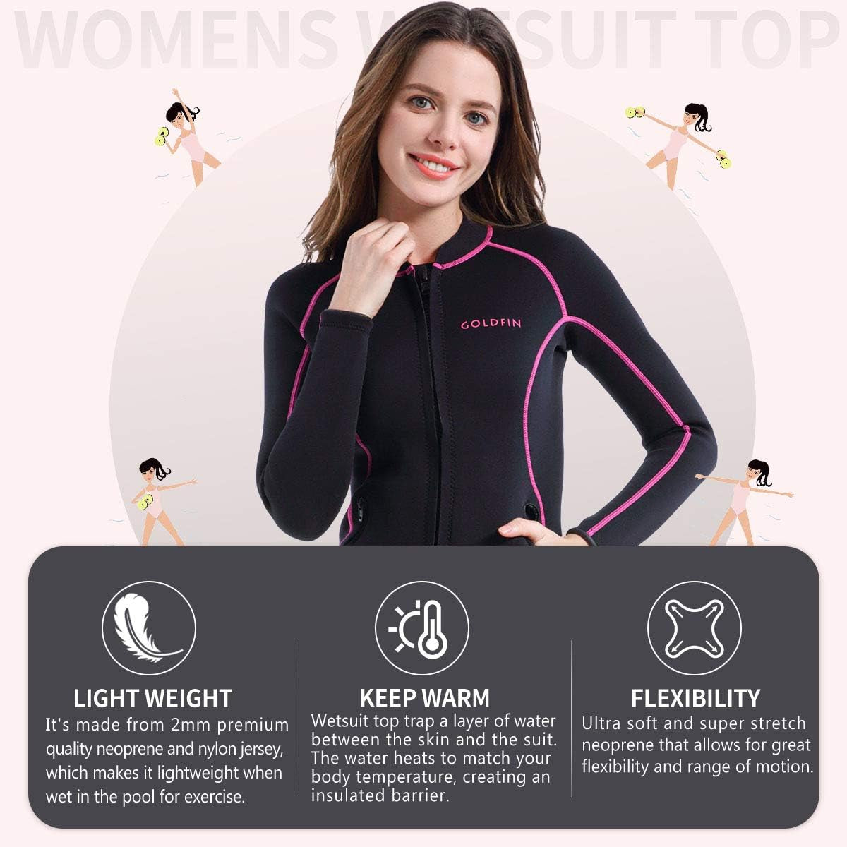 Womens Wetsuit Top, 2Mm Neoprene Wetsuit Jacket Long Sleeve Wetsuit Tops with Zipper Pockets for Water Aerobics Diving Surfing Swimming (Black, S)