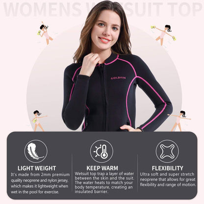 Womens Wetsuit Top, 2Mm Neoprene Wetsuit Jacket Long Sleeve Wetsuit Tops with Zipper Pockets for Water Aerobics Diving Surfing Swimming (Black, S)