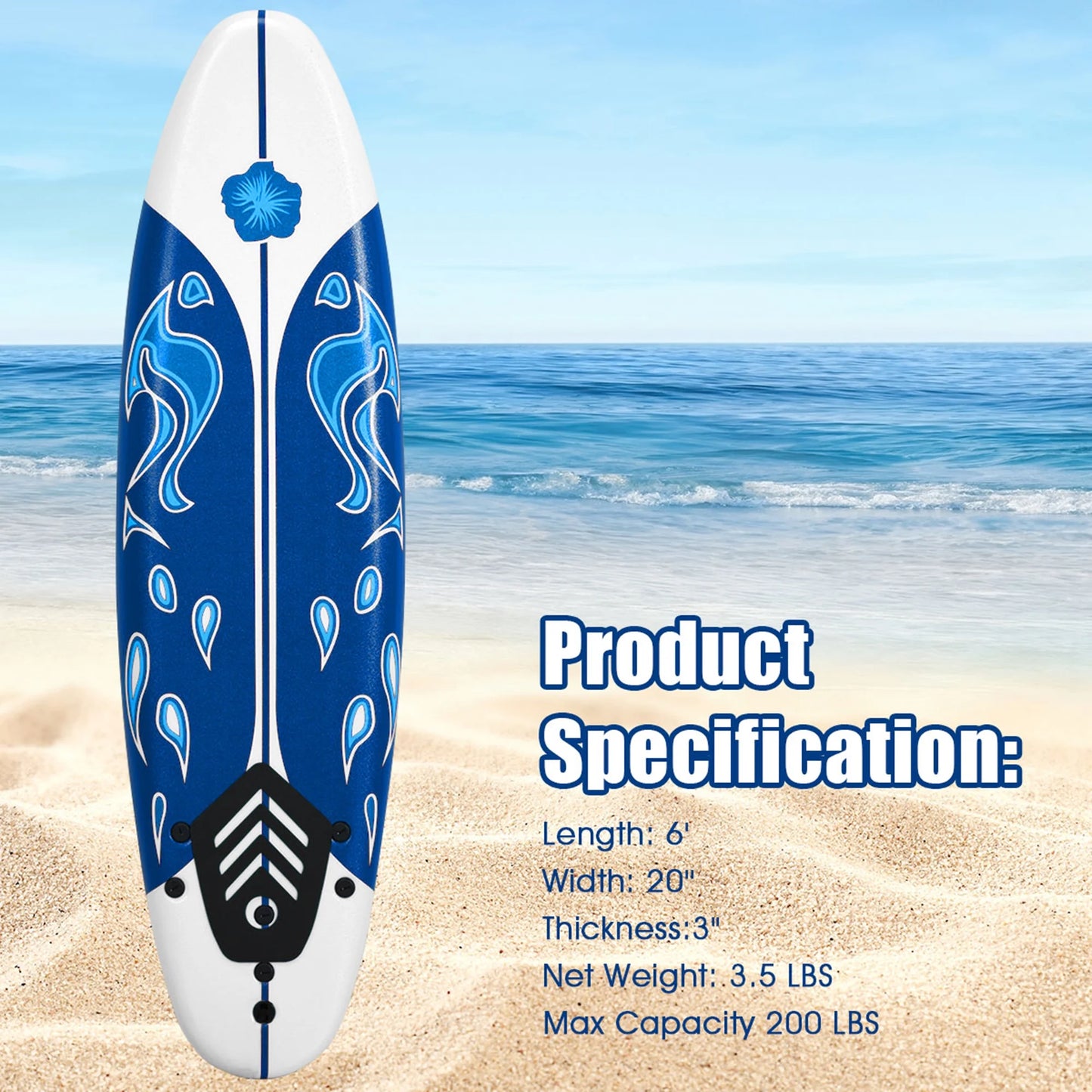 6Ft Surfing Body Board W/ 3 Removable Fins Safety Leash White