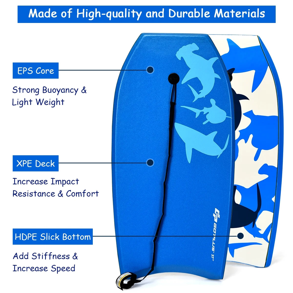 Goplus 41'' Lightweight Super Bodyboard Surfing W/Leash EPS Core Boarding Blue Shark