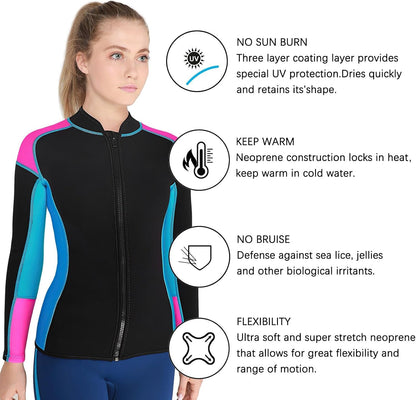 Wetsuits Top Jacket Women Men 2Mm Neoprene Long Sleeve Shirt 3Mm Front Zipper Vest Wet Suit Keep Warm for Adult Youth Kids Diving Surf Swim Water Sports