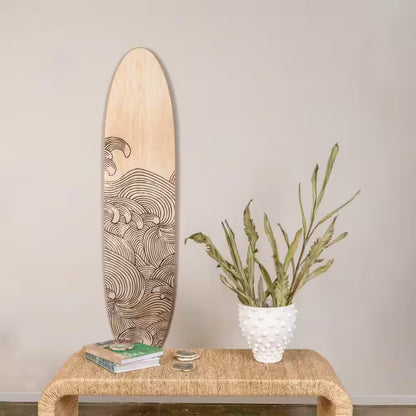 Coastal Decorative Surfboard Wood Wall Art Decor for Living Room; Contemporary Wave Design on Light Natural Wood