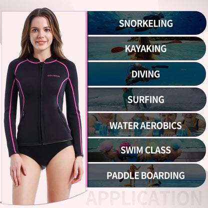 Womens Wetsuit Top, 2Mm Neoprene Wetsuit Jacket Long Sleeve Wetsuit Tops with Zipper Pockets for Water Aerobics Diving Surfing Swimming (Black, S)