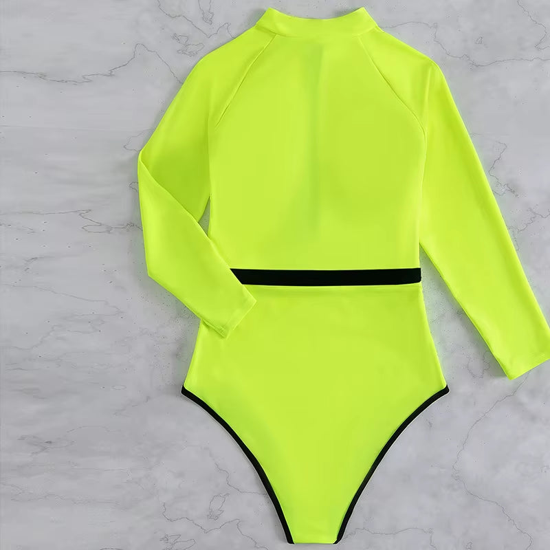 Neon Yellow Long Sleeve Swimsuit Rashguard Women Surfing Swimwear Surfing Diving Swimming Diving Suit Women Bodysuit Rash Guard