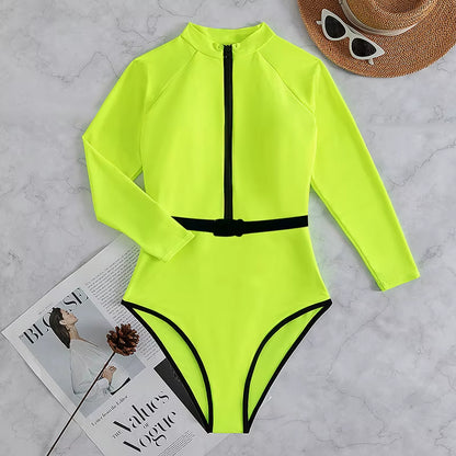 Neon Yellow Long Sleeve Swimsuit Rashguard Women Surfing Swimwear Surfing Diving Swimming Diving Suit Women Bodysuit Rash Guard