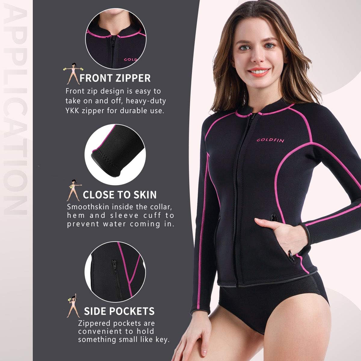 Womens Wetsuit Top, 2Mm Neoprene Wetsuit Jacket Long Sleeve Wetsuit Tops with Zipper Pockets for Water Aerobics Diving Surfing Swimming (Black, S)