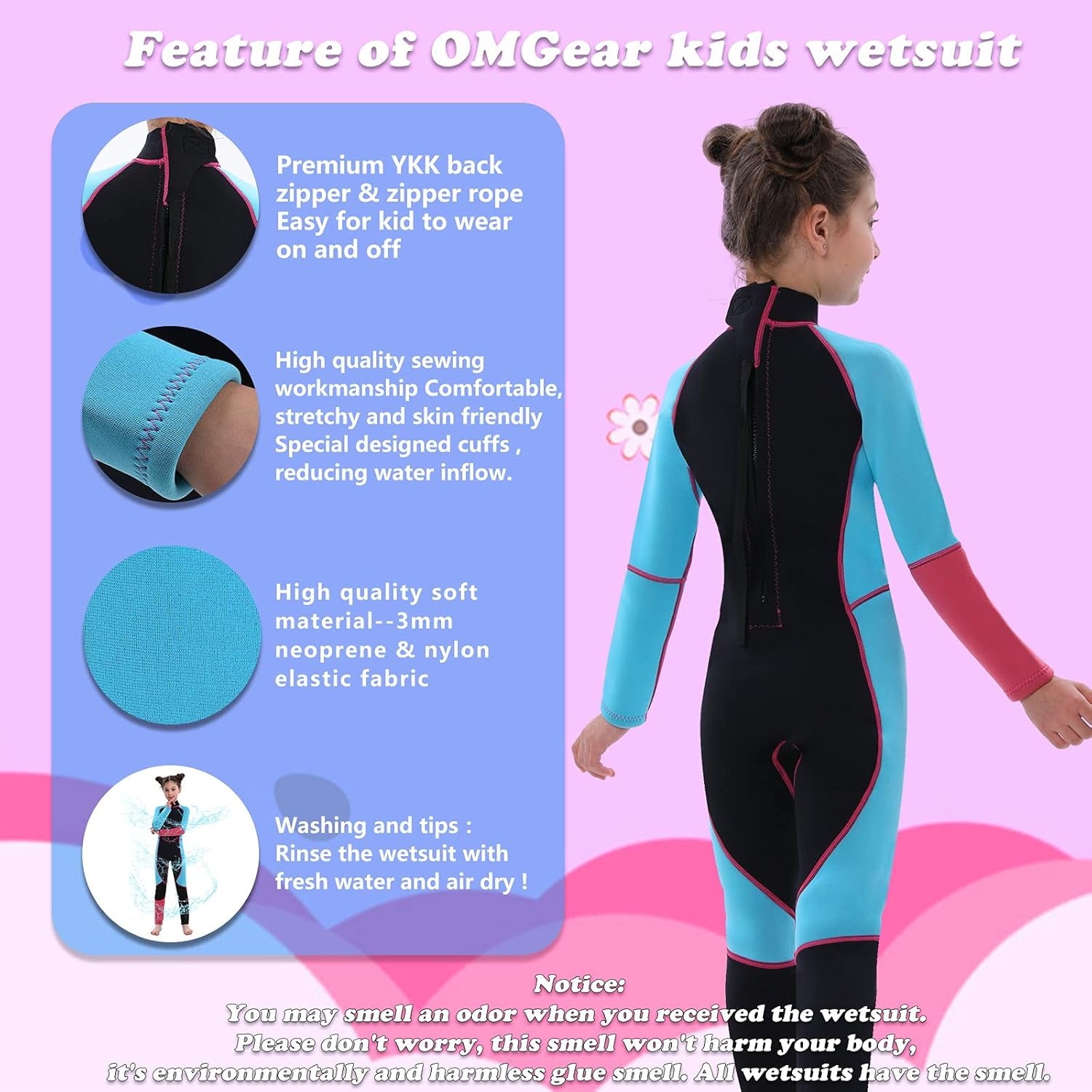 Kid Wetsuit 3Mm Full Suit Neoprene Swimming Suit Long Sleeve Diving Suit Back Zipper Thermal Swimsuit for Youth Boys Girls Scuba Diving Surfing Snorkeling Swimming Water Sports(Pink&Aqua, 4)