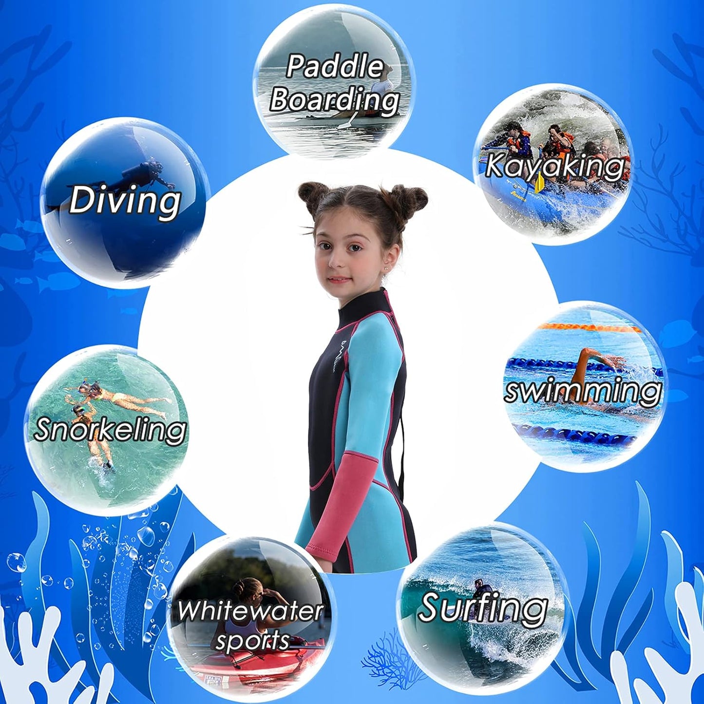 Kid Wetsuit 3Mm Full Suit Neoprene Swimming Suit Long Sleeve Diving Suit Back Zipper Thermal Swimsuit for Youth Boys Girls Scuba Diving Surfing Snorkeling Swimming Water Sports(Pink&Aqua, 4)